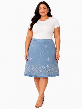 Vintage Y2K L.A. Blues Light Wash Denim Skort w/ White Floral Embroidery